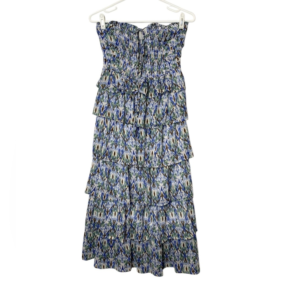 American Threads Blue Ruffle Tiered Smocked Strapless Midi Dress Small